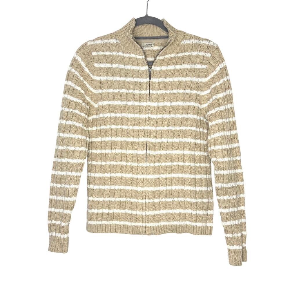 L.L.Bean Cable Knit Full Zip Cardigan M Striped Coastal Preppy Cotton